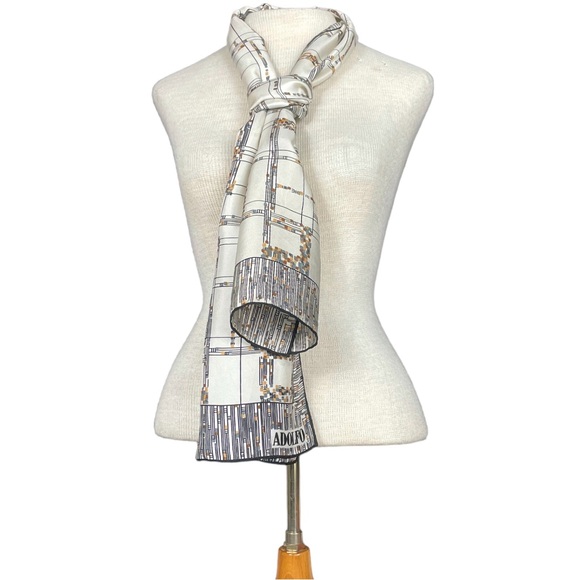 Adolfo Accessories - Adolfo Vintage Plaid Print Silk Scarf in Cream/Black